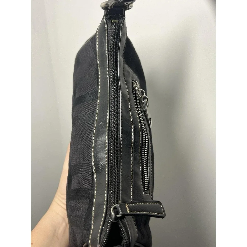Y2K Nine West Black Canvas Shoulder Bag Purse Zip Top w/Silver Hardware 12x4x4